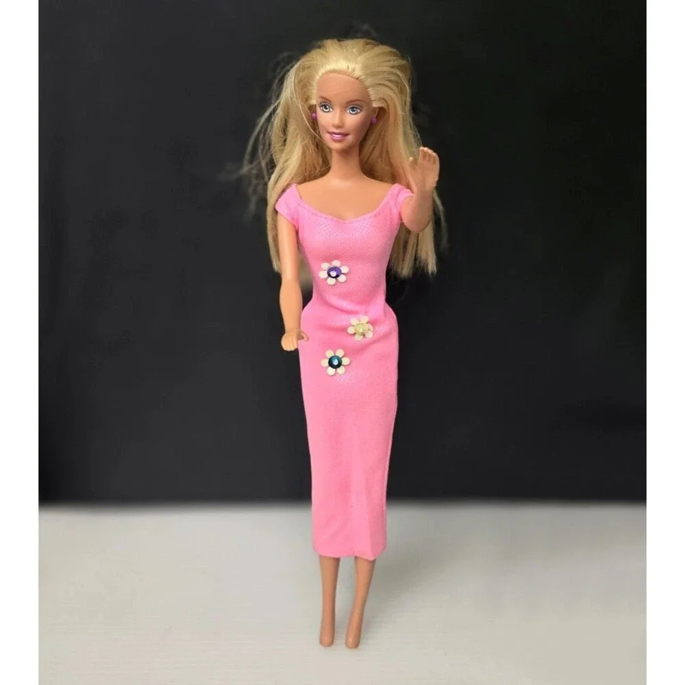 Barbie Cool Clips Doll Blonde Hair Pink Dress Flowers Sparkles 2001 #50598 Vtg